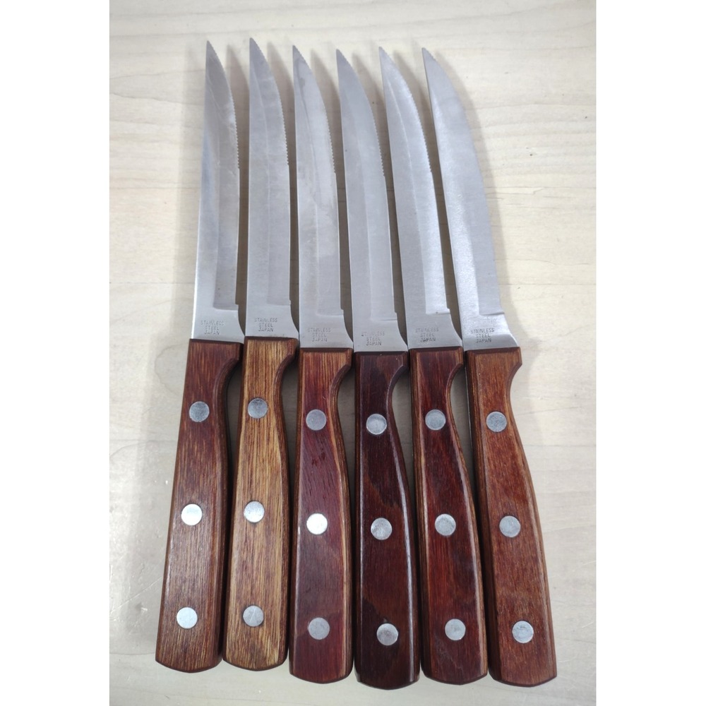 Set of 6 Vintage Stainless Steel Japan Steak Knives Serrated Blades Wood Handles